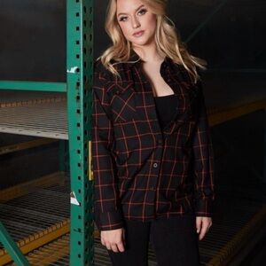 DIXXON “Hallow” Black and Orange Flannel Plaid Shirt. Women’s Large